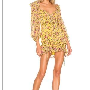 For Love and Lemons Beaumont Mini Dress Small Yellow Floral Feminine Romantic
